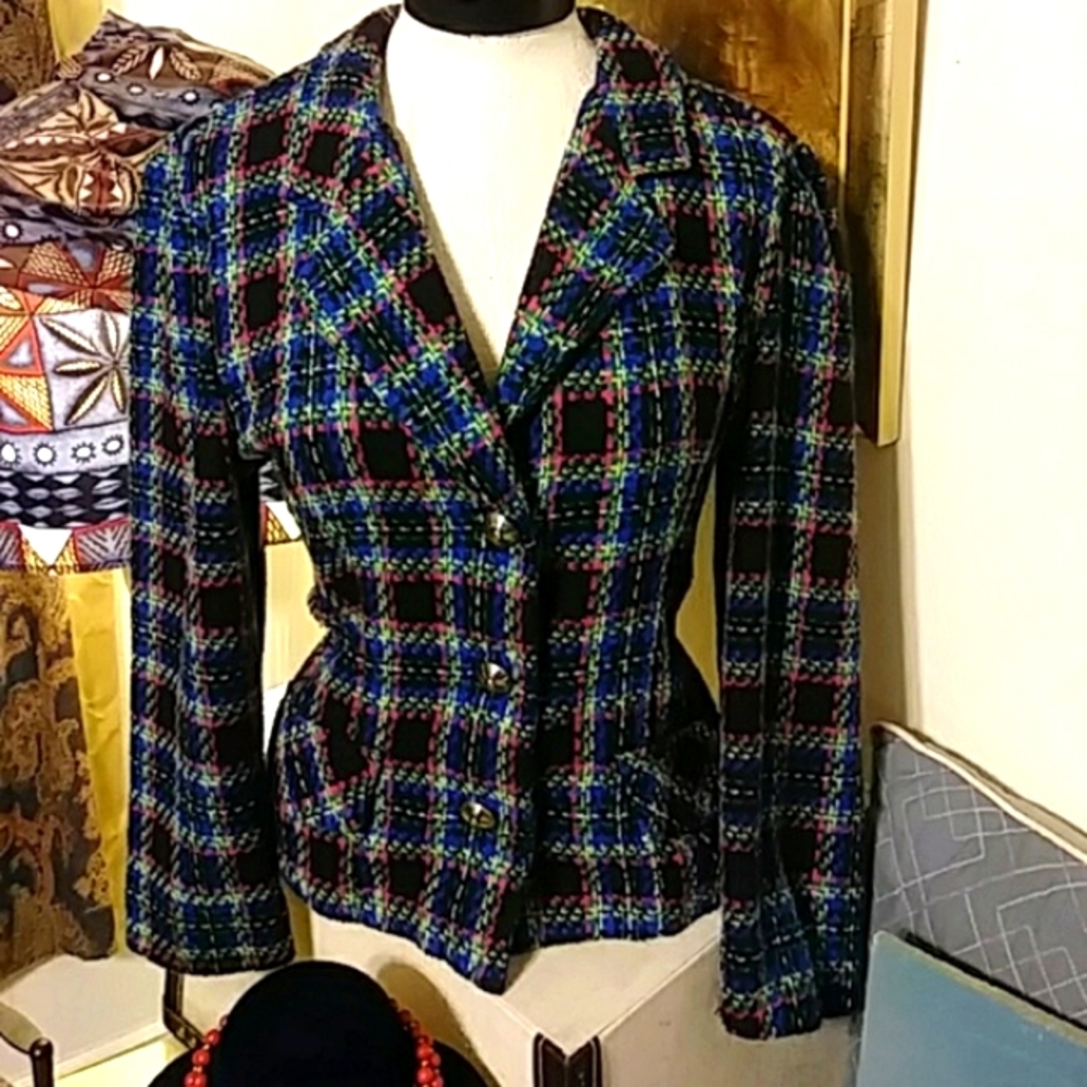 Womens Blazer suit jacket STAR Knit Coat sz M Plaid long sleeve square design